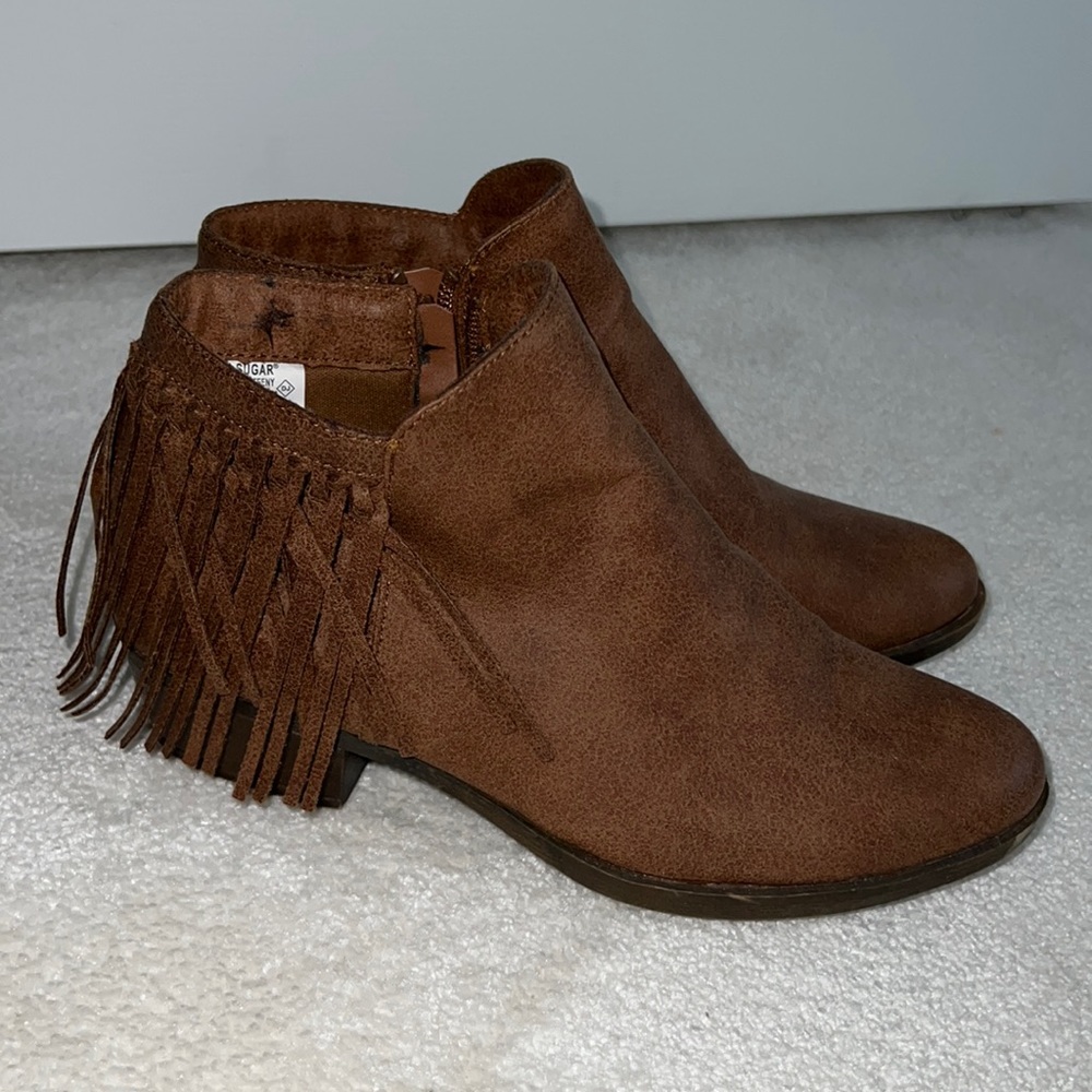 Brown fringe booties